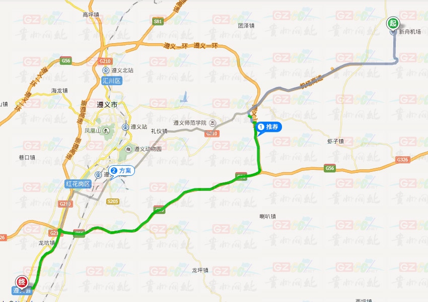 遵義縣距離遵義新舟機場距離示意圖